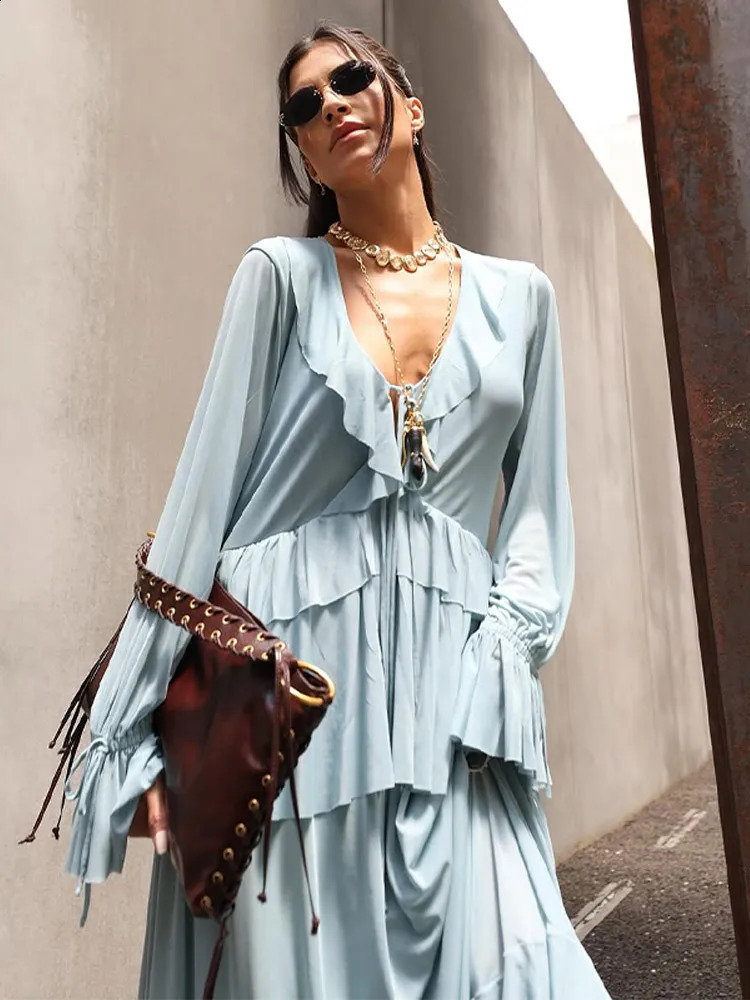 Women Blue Ruffles Hem Top Skirt Set Chic Long Flare Sleeve V Neck Blouse Loose Skirts Suit 2025 Summer High Street Lady Outfit 250411