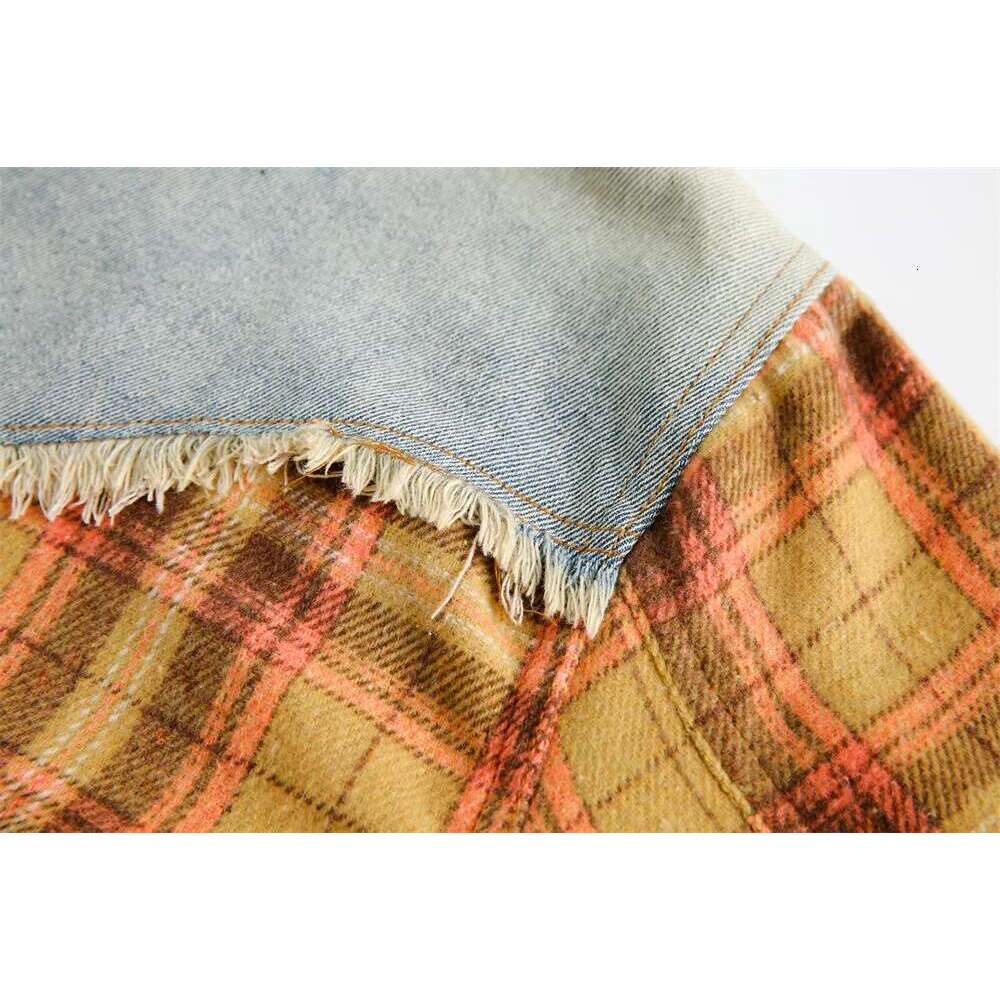 Denim Plaid Spliced Mens Washed Distressed Autumn High Street Lapel Pocket Single Breasted Long Sleeve Shirts