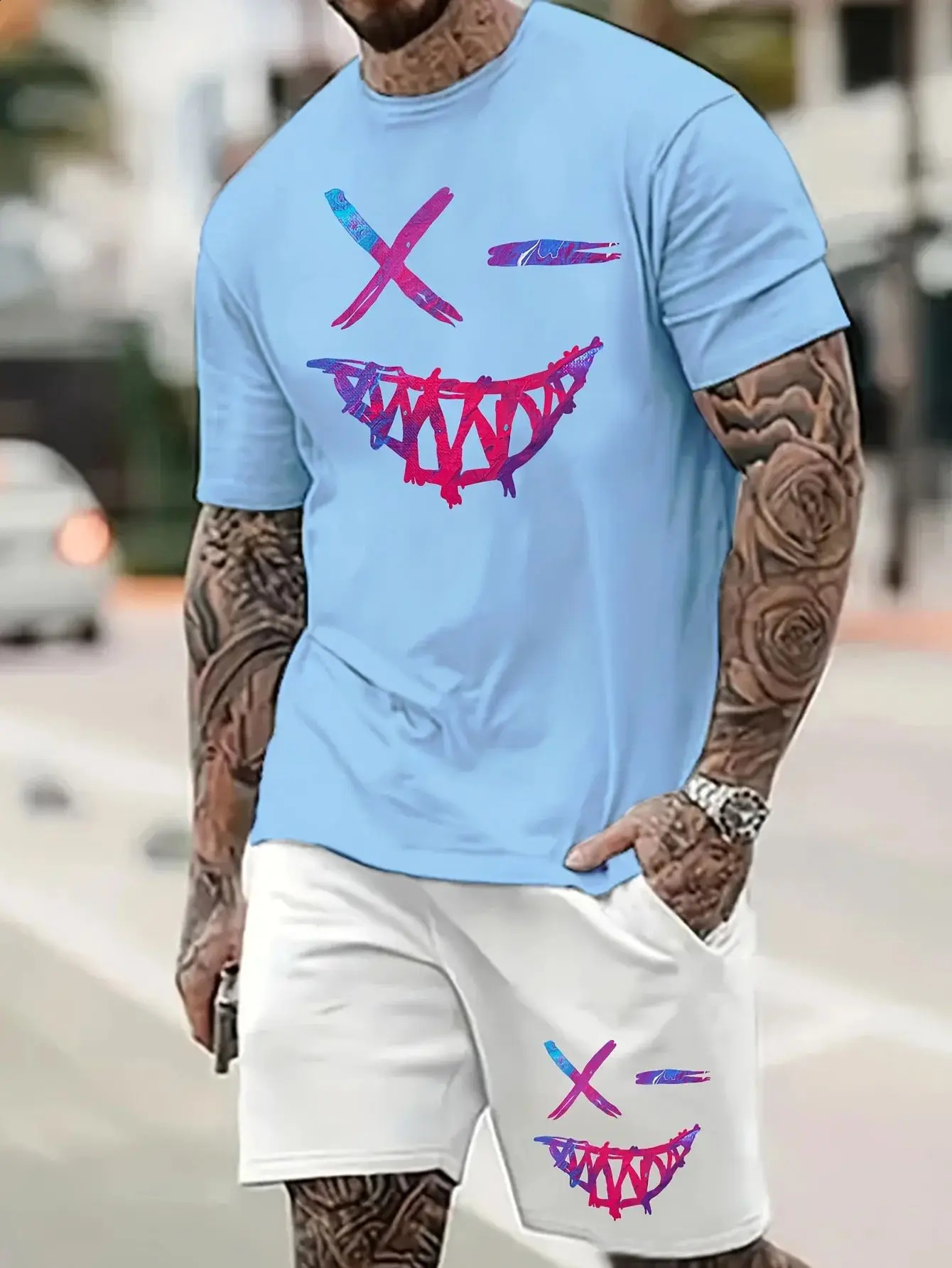 2025 2-piece set of 3D cartoon rabbit print mens T-shirt shorts set summer casual daily short sleeved top outdoor street sports 250407