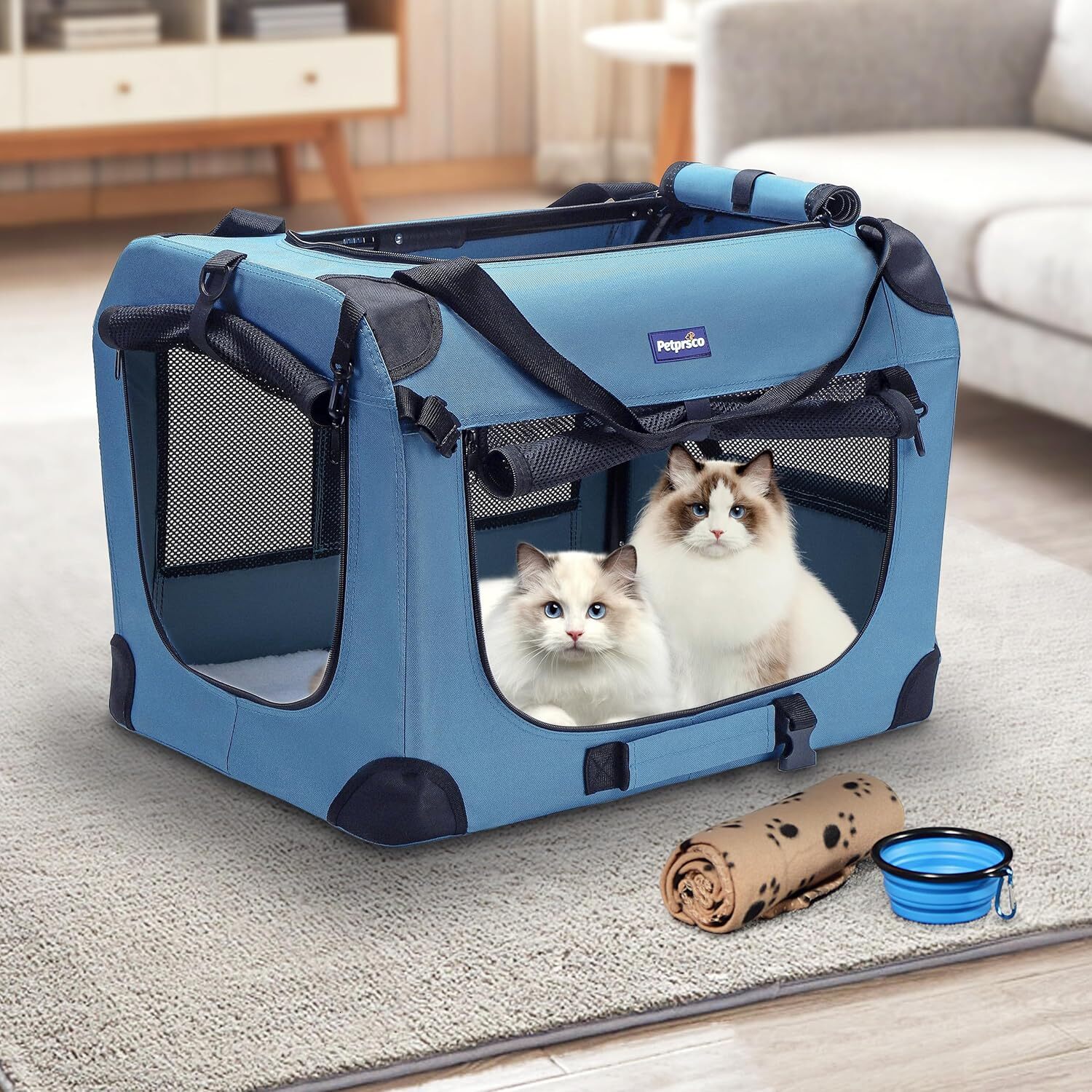Petprsco portable foldable dog case, travel dog case 60.96 x 43.18 cm, with soft warm blanket and foldable bowl, suitable for large cats and small dog