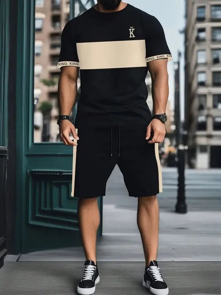 2025 mens short sleeved sports shorts two-piece casual set street diary Harajuku loose digital print summer style 250407