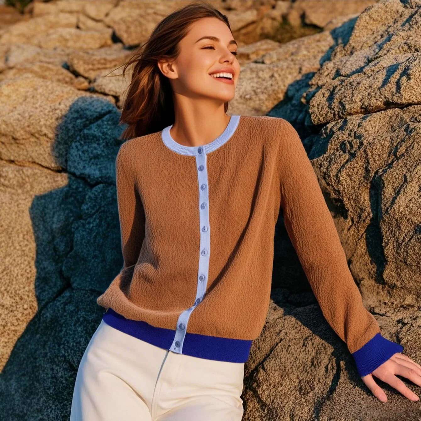 Women's Long Sleeved Knit Cardigan With Contrasting Trim And Button - Down Front For A Fashionable Look