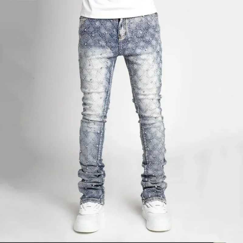 Mens personalized stacked jeans slim fit elastic pearl denim laminated pants mens fashionable straight jeans W250412