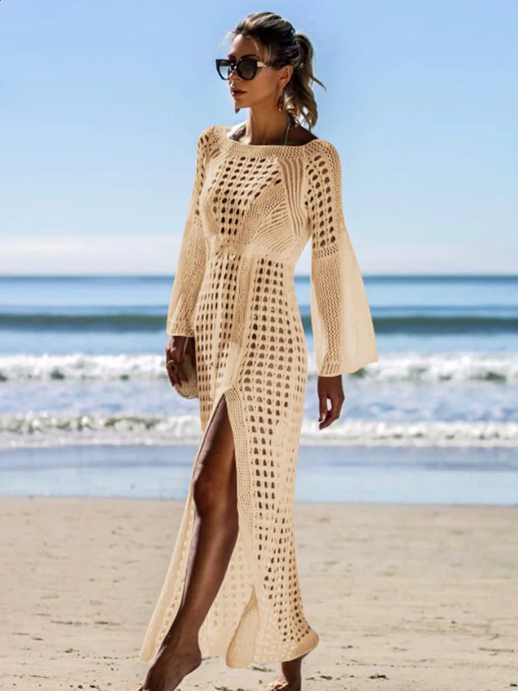 OIINAA Beach Cover-Ups Women Swimsuit Cover Up Solid Hollow Out Lace Up Long Sleeve Slit Cut Beach Long Dress Summer Fashion 250411