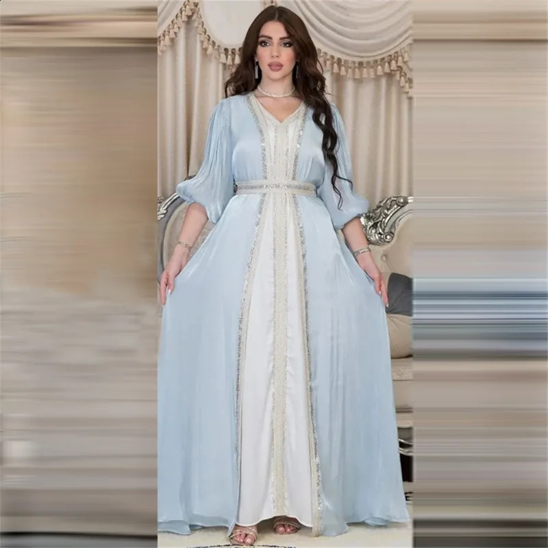 Moroccan Caftan y Silk Satin Elegant Lantern Sleeves 3Piece Dress Diamond Abaya Muslim Set Ramadan Womens Wear 250411