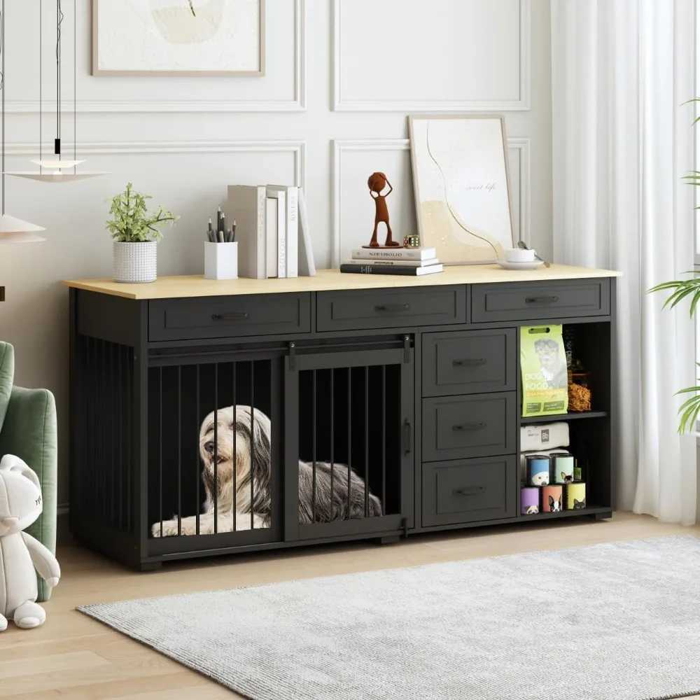 Dog box with storage function 72.4-inch wooden heavy-duty dog shelter table furniture with drawers and shelves indoor dog house TV X250412