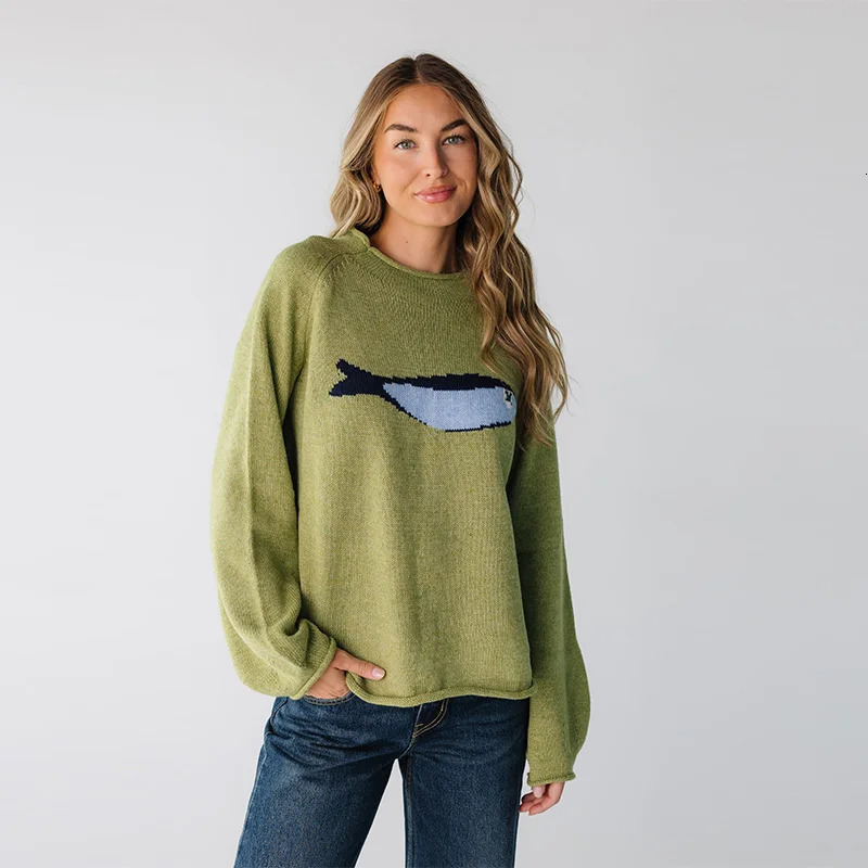 Cute Cartoon Fish Pattern Knitted Sweater Round Neck Soft Casual Trendy Retro Top 2025 Autumn Winter Women Interior Clothing 251112