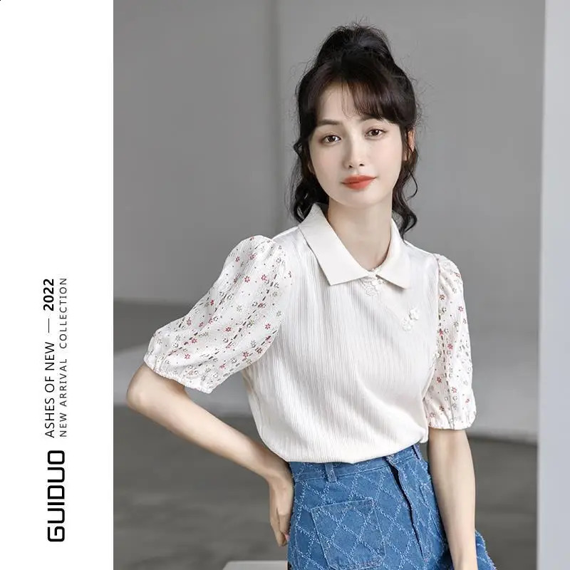 Puff Sleeve Polo Shirt Chinese Top Womens Short-sleeved n Niche Splicing Versatile Shirt 250411