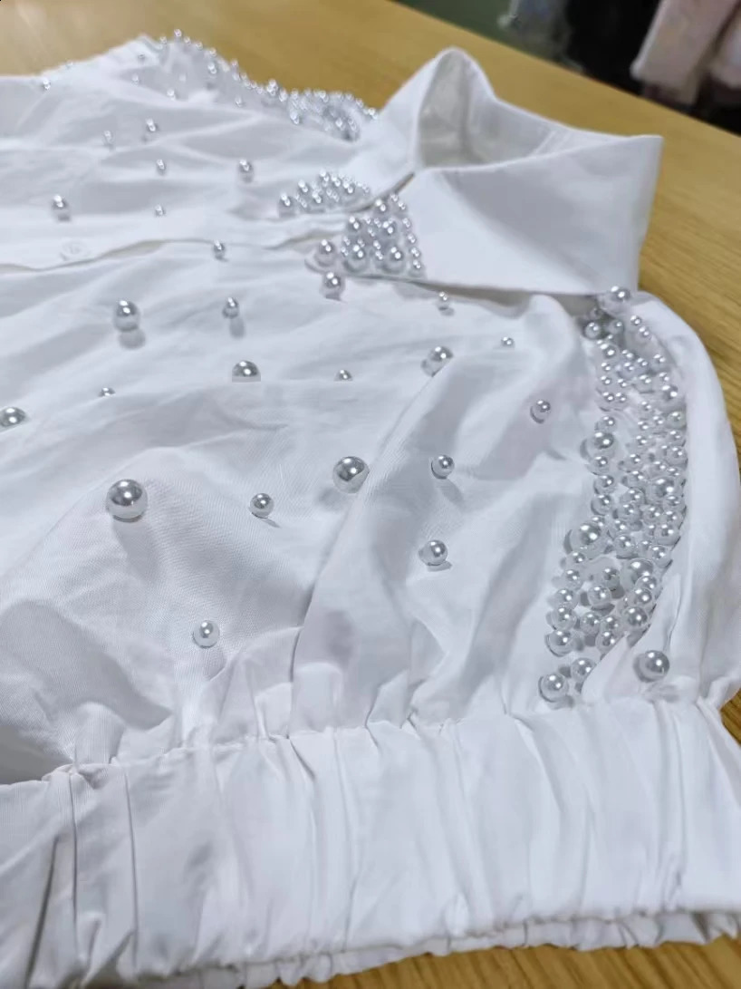 Pearls Embroidered Flares Cotton Loose Casual White Shirts Blouses For Women 2025 Summer Short Sleeve Single Breasted Top 250411