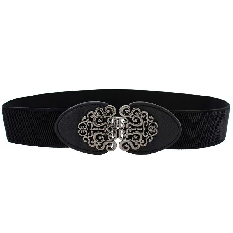 Elastic waistband, ladies' gun, black metal buckle, decorative belt, skirt, fit, versatile, elastic band, carved slim waist seal