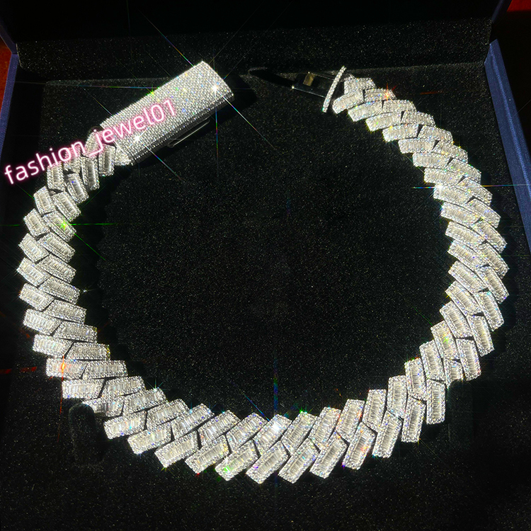 Customized 15mm 18mm 20mm White Gold Plated S925 Cuban Chain Necklace Vvs Moissanite baguette Cuban Link Chain Moissanite
