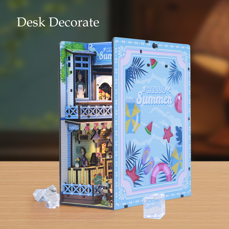 Seaside Street DIY Assembled Bookend, Exquisite Coastal-Themed Wooden Craft with LED Light Effect, Creative Bookshelf Insert Decor-L0321P