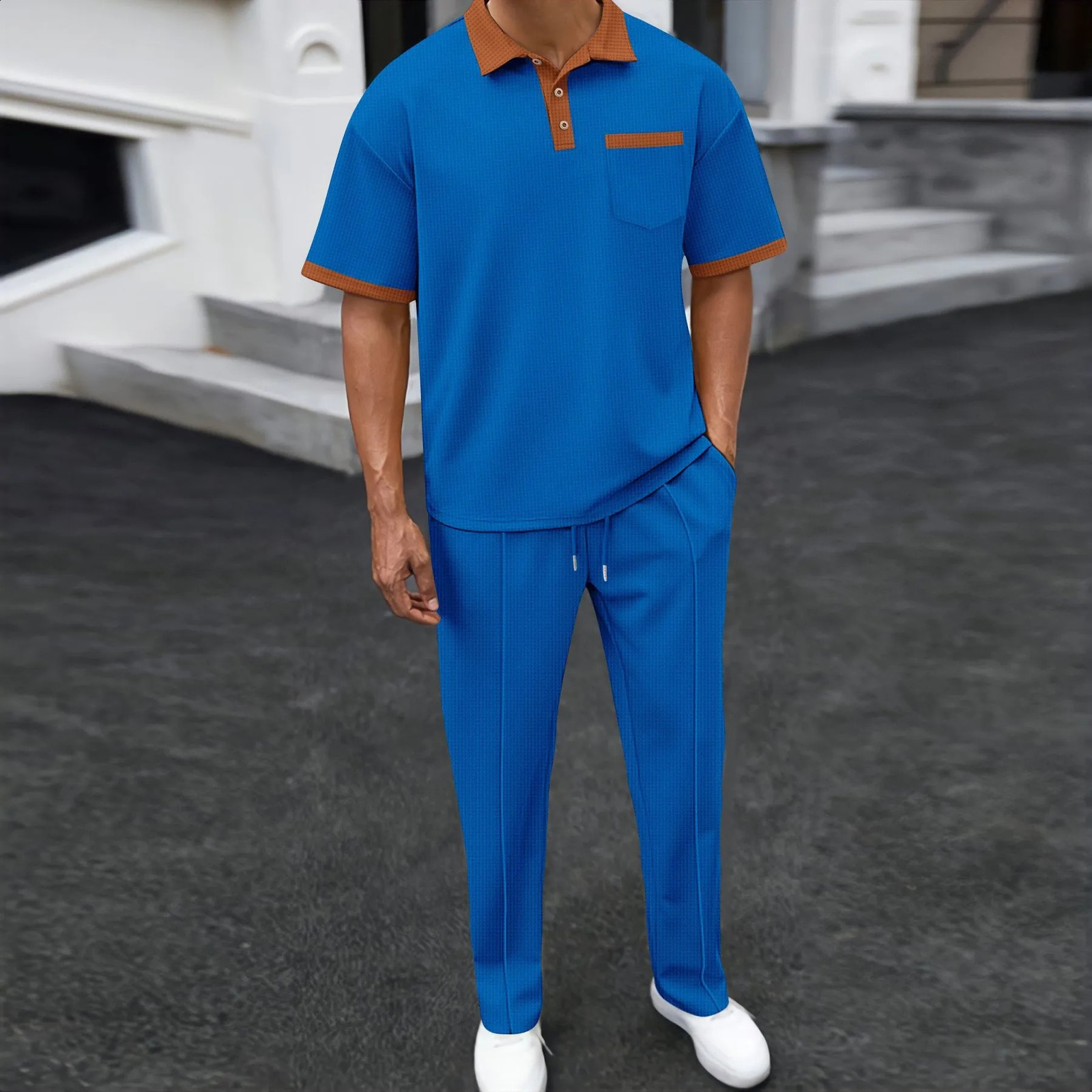 Summer Mens Solid Color Waffle Neck Casual Pocket Polo Short Sleeve Pants Set 250411
