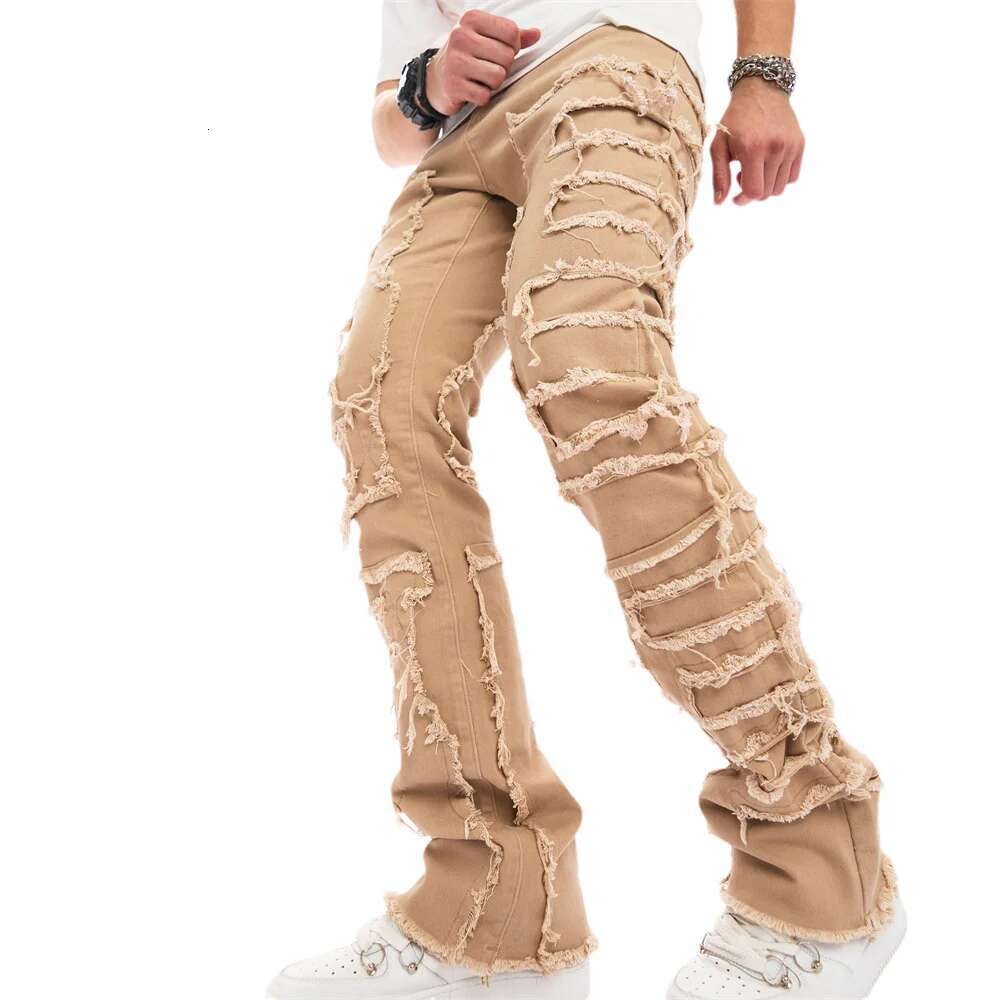 Streetwear Men Stylish Stacked Spliced Slim Biker Jeans Pants Male Hiphop Distressed Motorcycle Straight Flared Denim Trousers