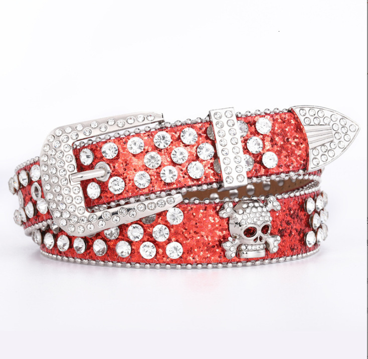 Button head three piece set rhie inlaid belt, versatile decoration for women, skull head, personalized with dia sequins