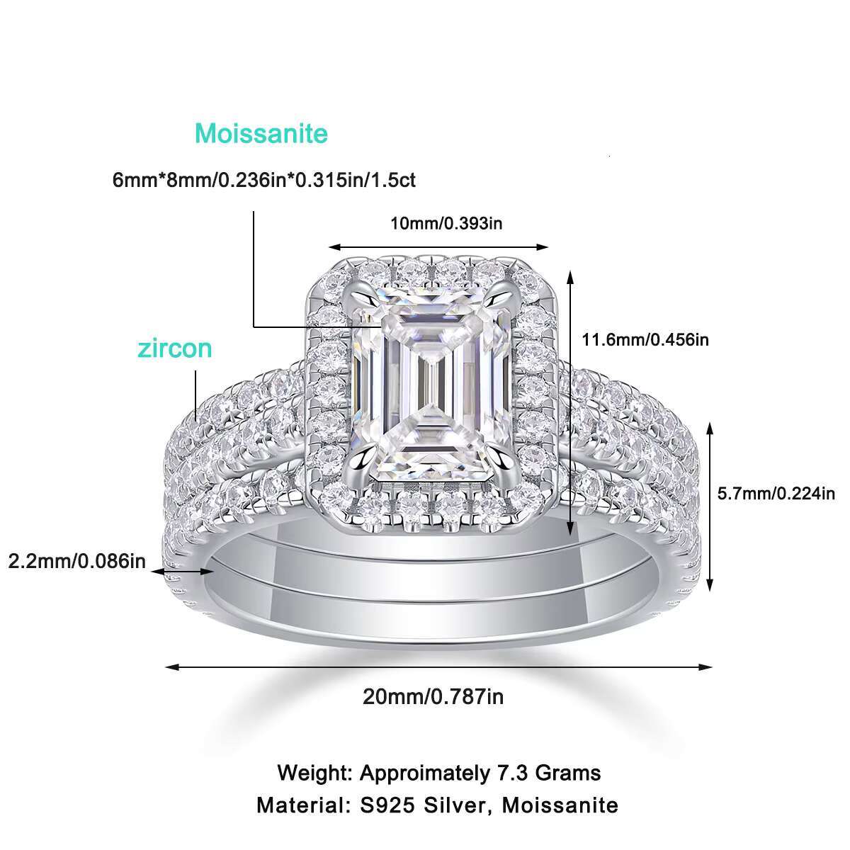 Zanlong Emerald Cut Moissanite Ring Set GRA Certified Moissanite S925 Sterling Silver Luxury Wedding Jewelry for Women