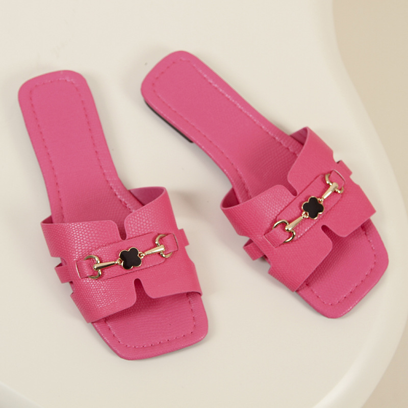 Women 2025 summer new wear diamond metal buckle square head flat slippers sandals Europe and the United States large size slippers