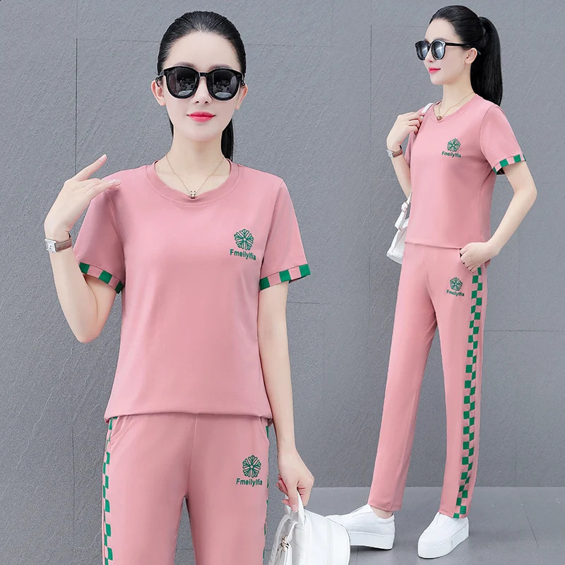 Summer Woman Trouser Sets Solid O Neck Short Sleeves T-Shirt Top Elastic Waist Pockets Female Loose Long Pant 250411