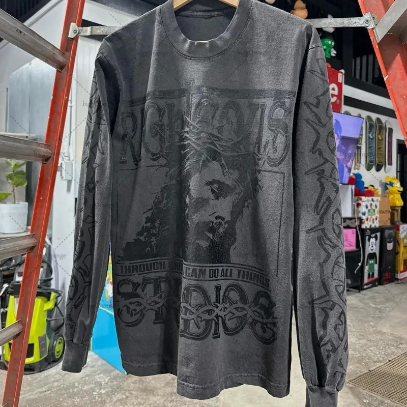 European and American Harajuku Retro Streetwear Gothic Punk Style Letter Print Long-sleeved Men Hip-hop Trend Oversized T-shirt 250411