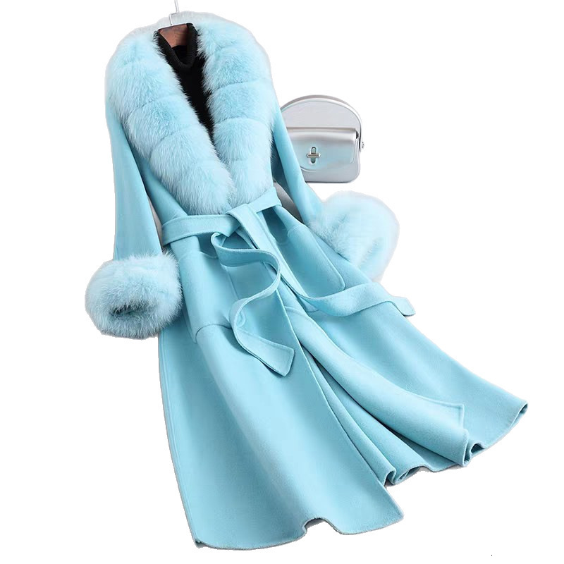 Fashionable womens winter handmade double-sided 100% wool red real fox fur collar long warm womens wool coat 241205