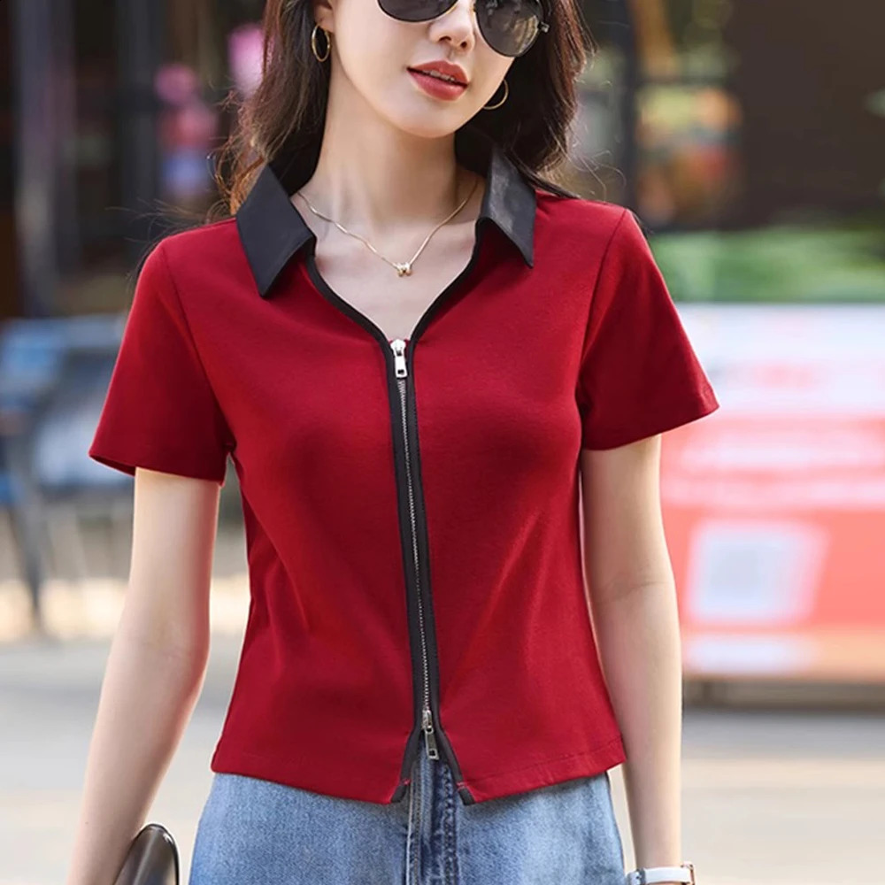 Short sleeved T-shirt womens summer fashionable zipper cardigan high-end Polo collar double zipper slim fit short top 250411
