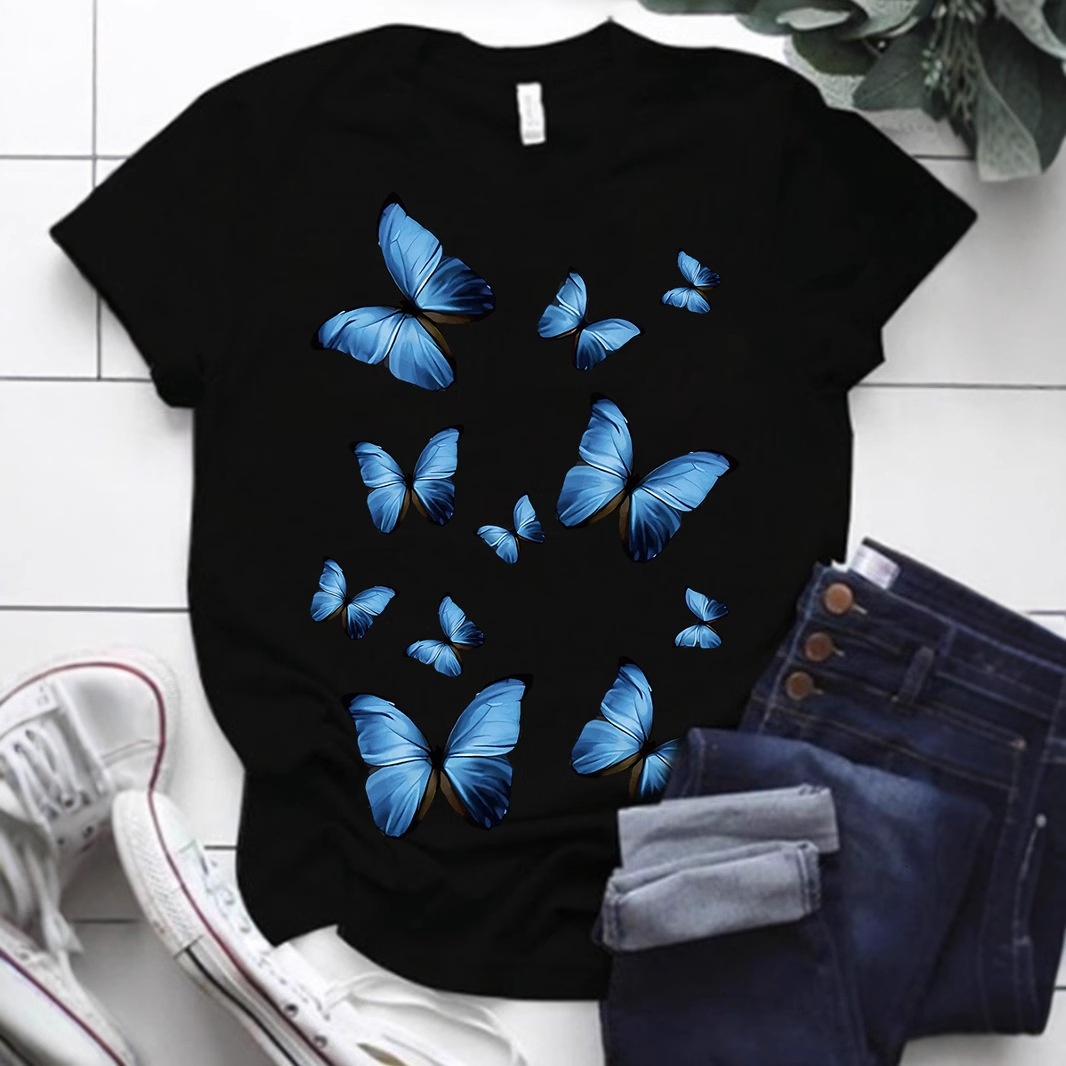 2025 Designer Women's Square Neck T-shirt Summer Plus Size Black Butterfly Print Women's Short Sleeved Top Fashionable And Casual Design Sen