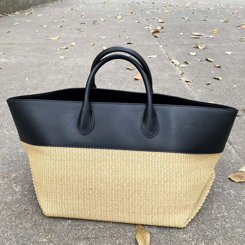 Genuine Leather Straw Tote Bags For Women Designer Handbags Purses 2025 New In Grass With Cowhide Top Handle Beach Wrist