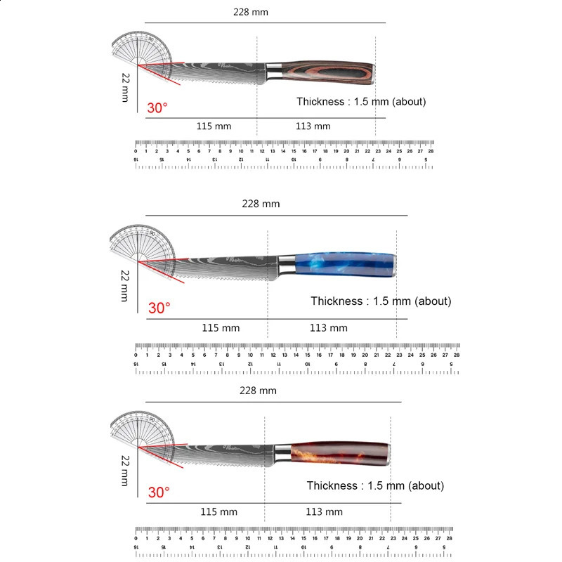 3/6/8 Pcs Steak Knives Set Damascus Stainless Steel Cleaver Slicing Knife Wood Handle Outdoor BBQ Picnic Meat Cutter 250410
