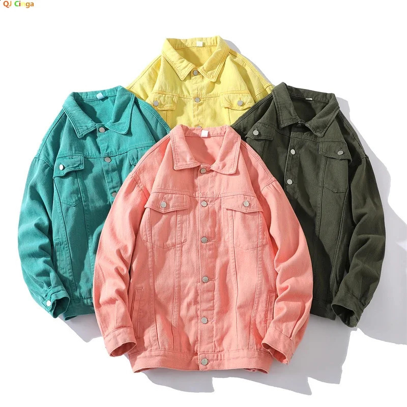 Blue mens denim jacket single-layer square collar long sleeved jacket available in green black yellow white and purple 250411