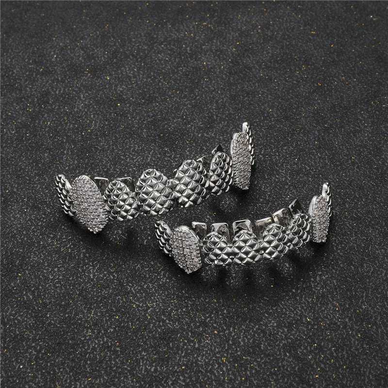 D Z New Vampire CZ Stone Teeth Grillz Top and Bottom Grill Brass Material Tooth Hat Role Playing Party Rap Singer Hip Hop Jewelry W250412