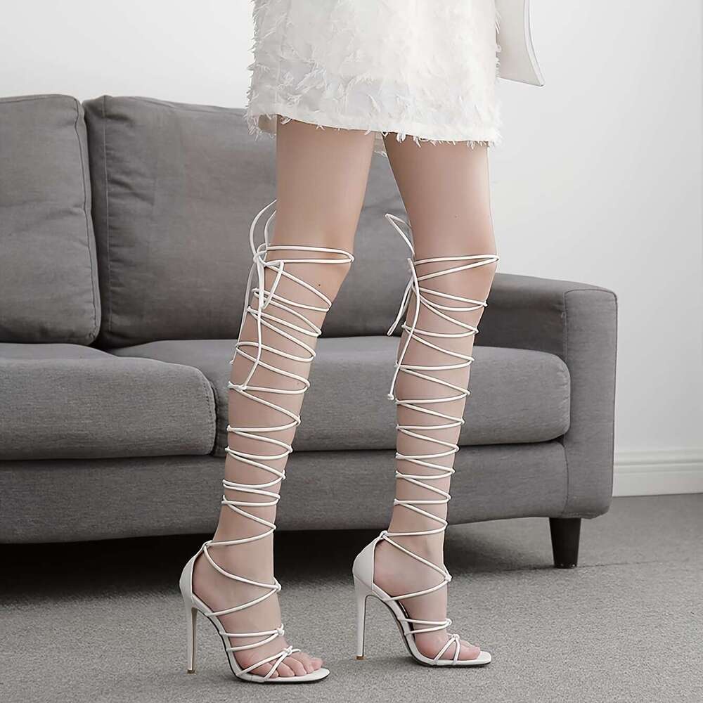 Women's Sexy Over-The-Knee Lace-Up Stiletto Heels, Open Toe High Heels With Rubber Sole, Man-Made Materials, All-Season Solid Color Party Shoes