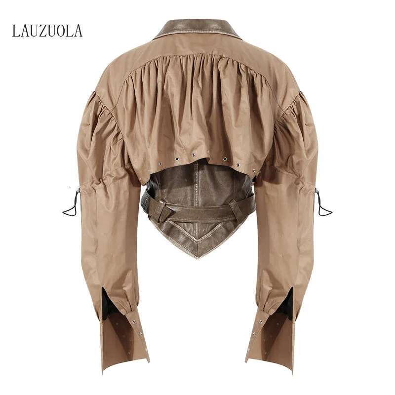 Two Piece Women Drawstring Cropped Jacket And PU Faux Leather Sleeveless Vest Matching Sets 2024 Autumn Winter Fashion Outerwear