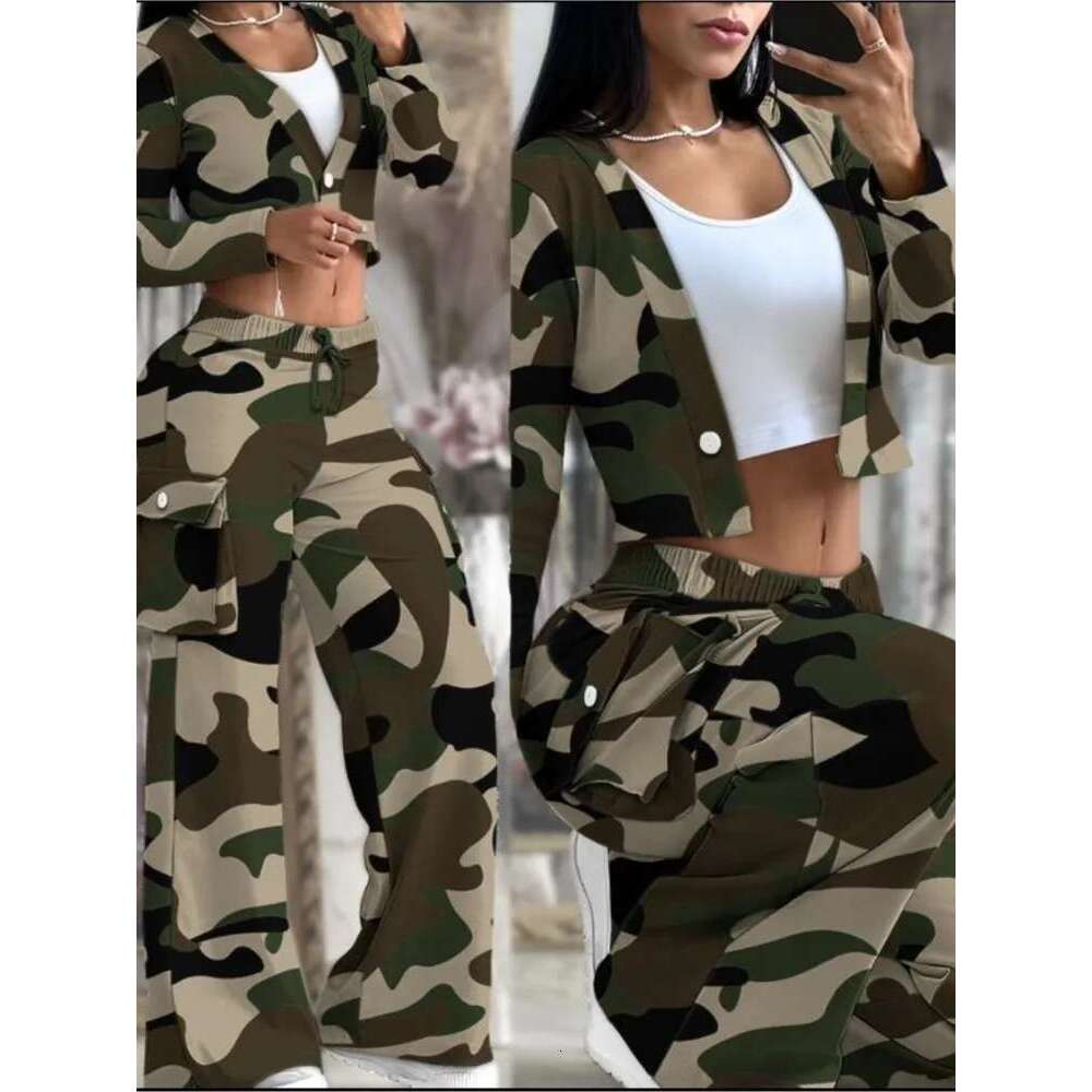 Women's Spring Summer New Fashionable Solid Color Printed Sexy Waist Short Top Casual Pants Set For Women