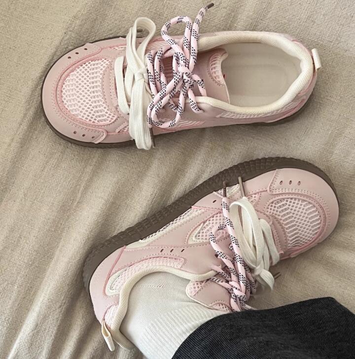 Pink double net German training board shoes for women ugly and cute spring and summer new style chic niche Korean version low top versatile sports whi