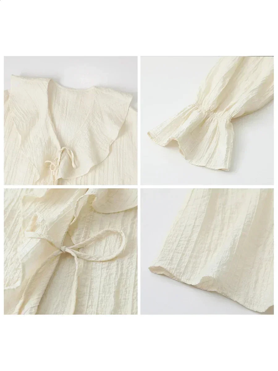 CHIC VEN Women Shirt Loose Casual Ruffled Edges Female Blouses V Neck Lace Up Mid Length Woman Shirts Spring Summer 250411