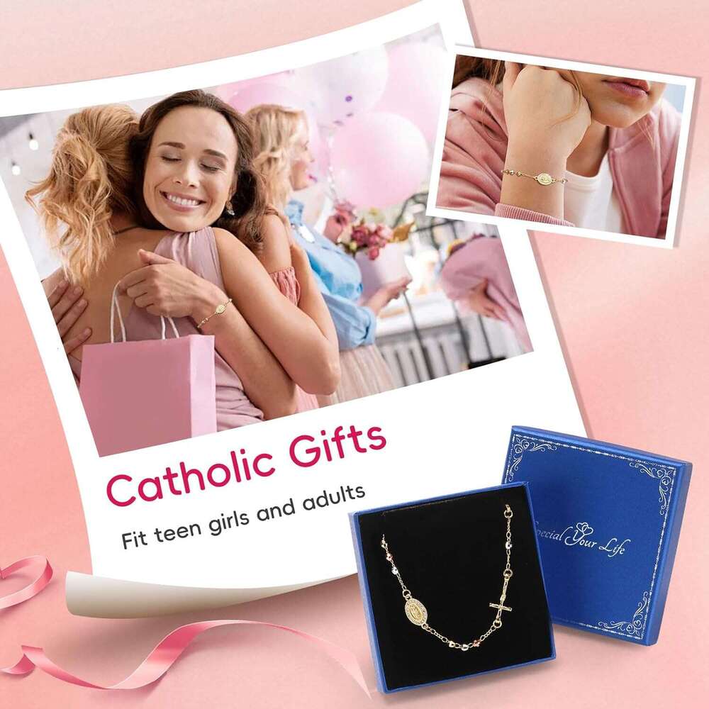 Catholic Crucifix Gifts Rosary Bracelet Women-14K gold plated Virgin Mary Jesus Cross Charm Link Chain, Dainty Virgen de Guadalupe Religious Gift for