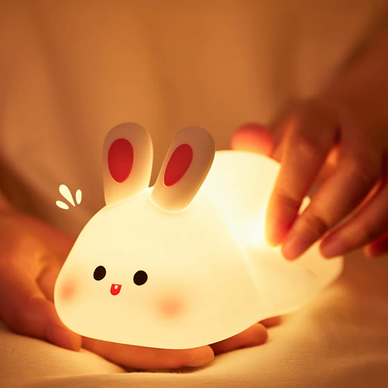 Big face rabbit night light cute silicone rabbit cartoon soft light touch night light childrens sleep light room decoration gift 250411