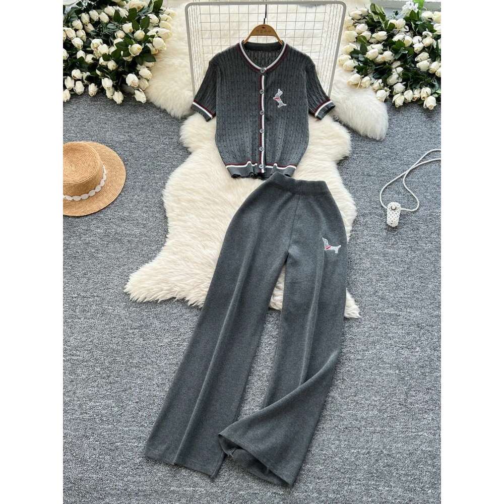 Summer Causal Fashion 2Pc Set Korean Style Knitting Suits Women Puppy Embroidery Color Block Tops+Wide Legs Long Pants