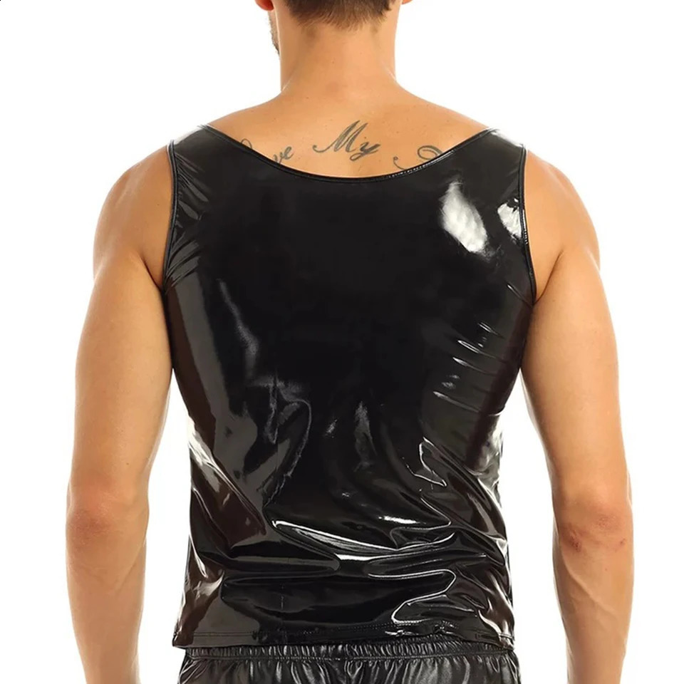 Mens wet appearance PVC patent leather vest round neck sleeveless Tshirt top 250407