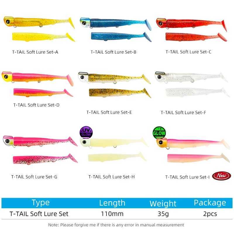 TSURINOYA 110mm 35g Long Casting Jig Head T Tail Soft Lure Set 2pcs Tail Flounder Seabass Fishing Lure Sinking Large Baits Z250411