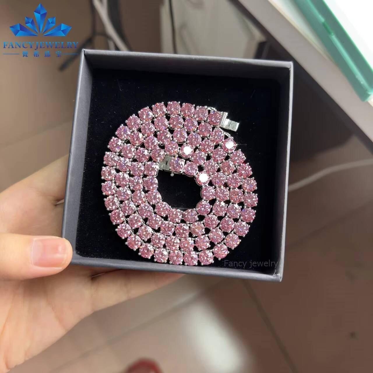 Customized 925 Sterling Silver Tennis Bracelet and Necklace with Pink Moissanite for Women Anniversary Gift