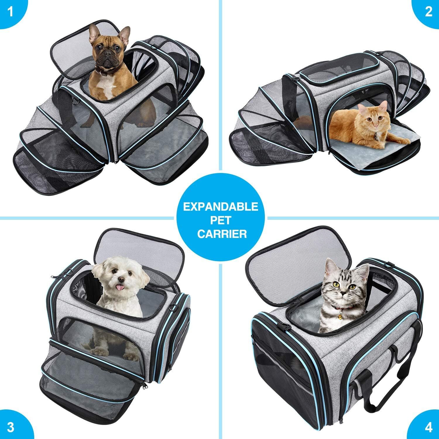 Airline approved pet harness, large soft faced pet travel TSA harness, 4-pack expandable cat foldable harness with detachable wool pad and pocket, sui