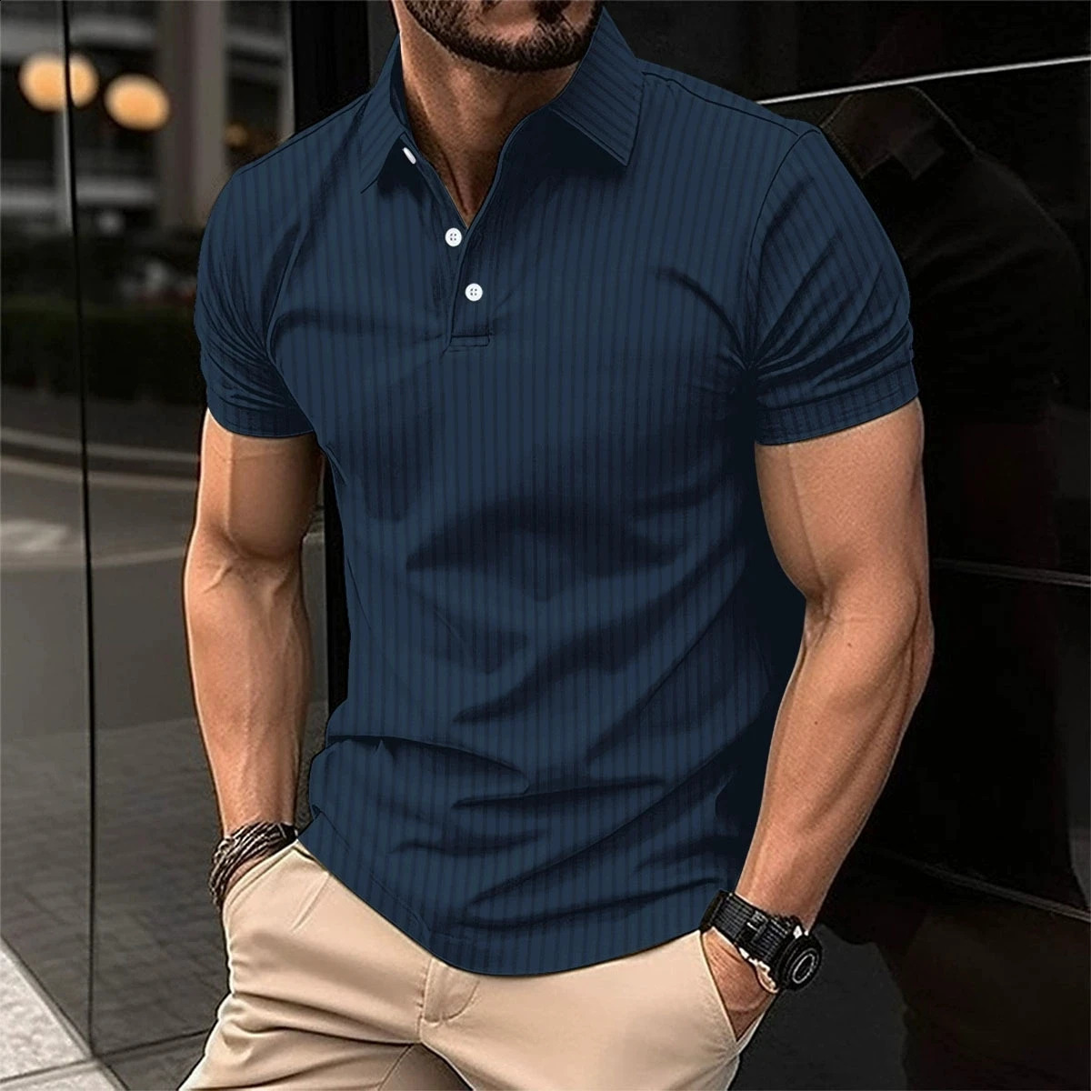 Summer Mens Daily Casual Short sleeved Polo Shirt Fashion Stretch Vertical Bar Sports Button Short sleeved Polo Shirt 250411