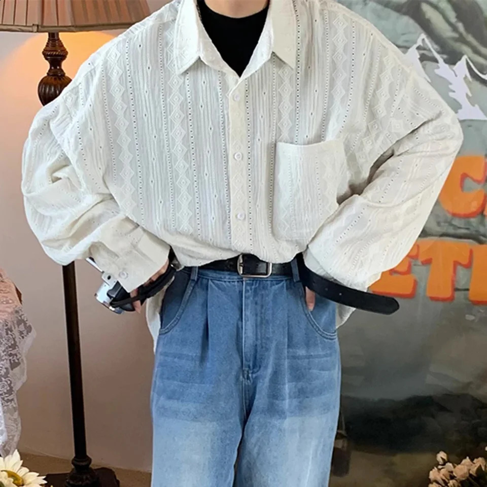 Shirts For Men Apricot Handsome Lapel Men Blouse Vacation Hollow Out Sexy Fashion Men Clothing Male Mesh Long-sleeved Shirts 250409