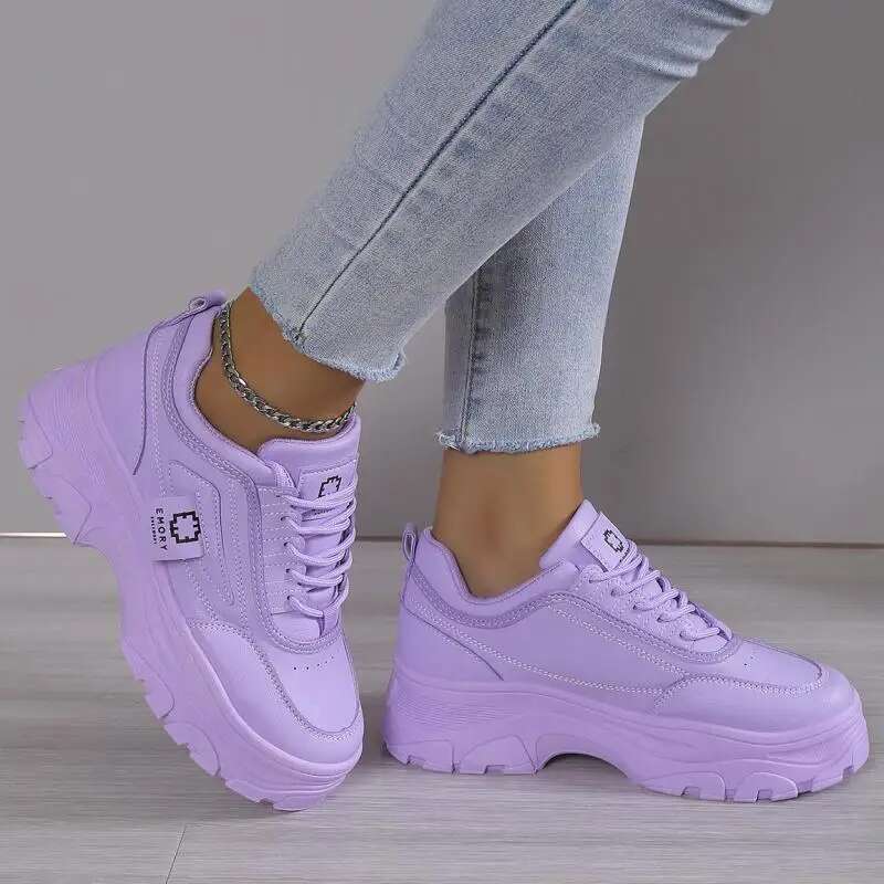2025 Summer New Leather Purple Thick soled Sports Shoes Thick Women's Designer Fashion Casual Walking Shoes Women's