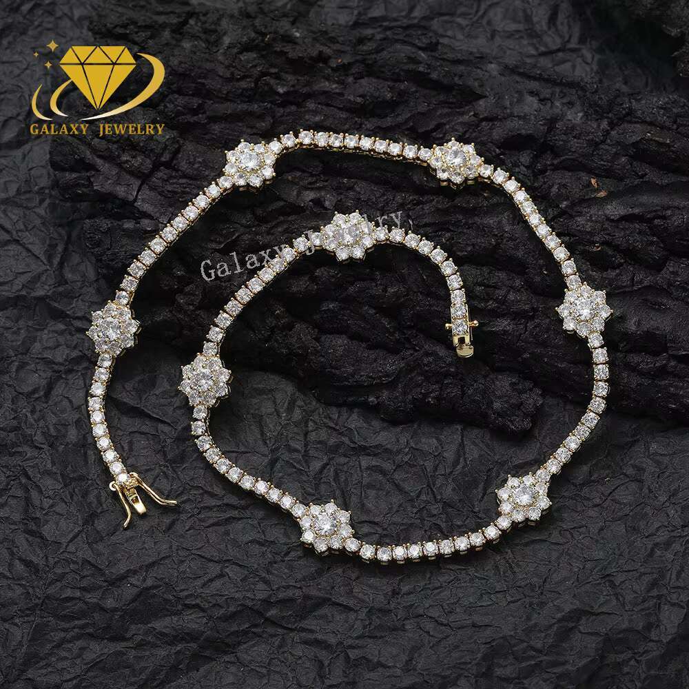 New Arrivals Best Selling 3mm 925 Silver Tennis Necklace Luxury Hip Hop Jewelry Moissanite Diamond Flower Tennis Bracelet