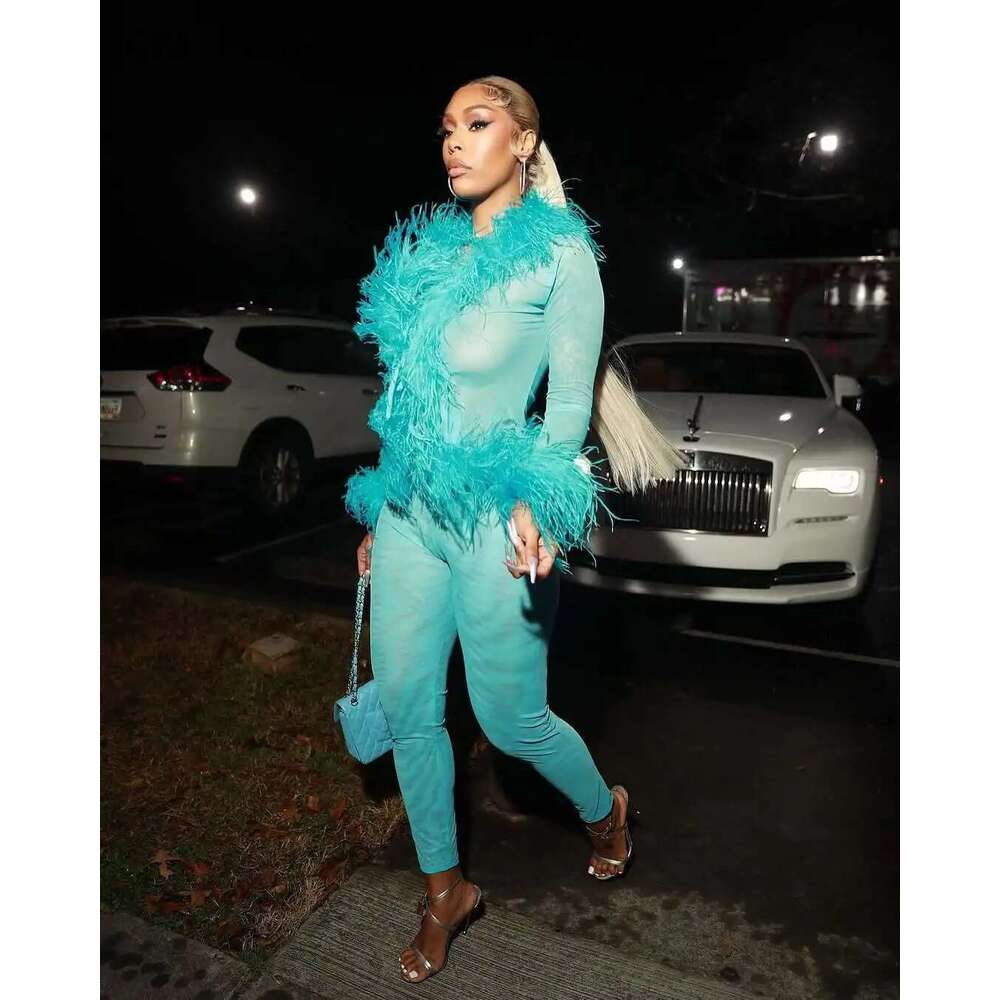 Cm.Yaya Fashion Mesh See Though Women's Set Feather Side Long Sleeve Crop Top And Legging Pants 2025 Sexy Two 2Piece Sets Outfit