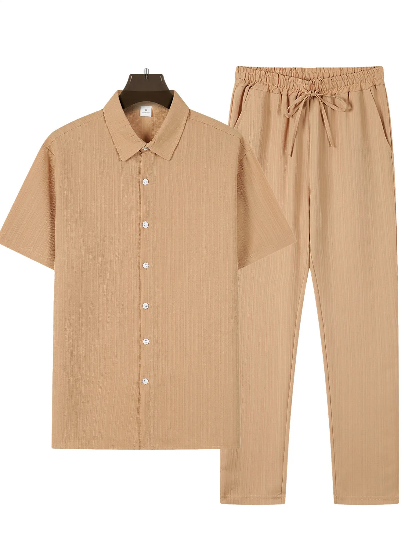 Mens casual striped two-piece solid color lapel short sleeved top and pants set for spring and summer sports streetwear 250411