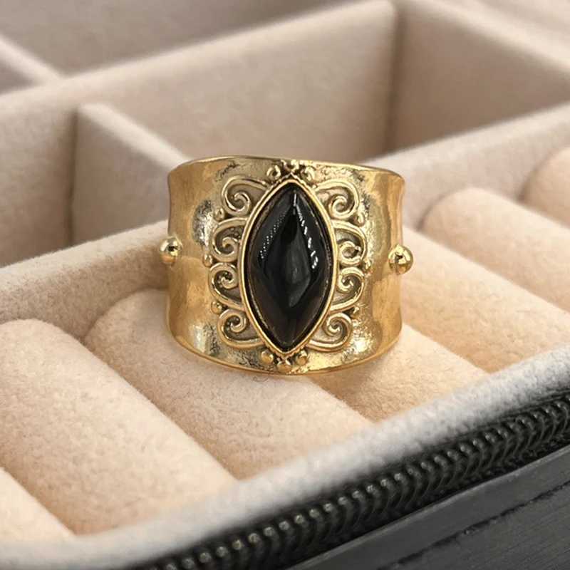 Bohemian turquoise natural stone wide opening ring for women 14K gold-plated stainless steel ring finger ring womens jewelry giftXJ250412