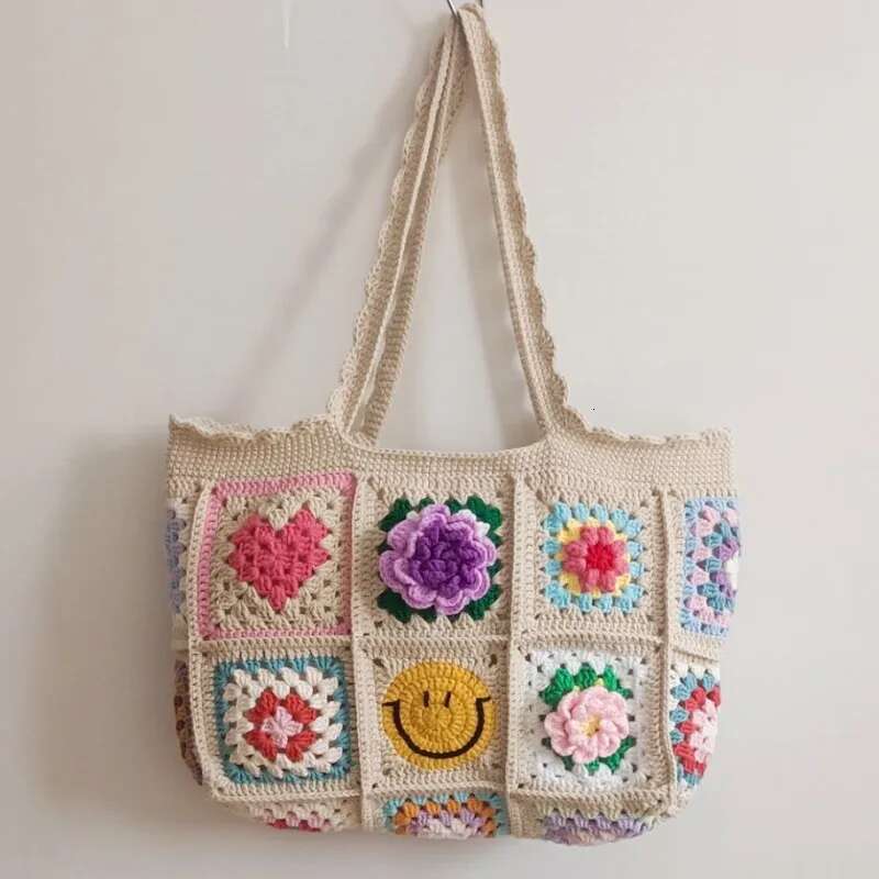Strawberry Cherry Crochet Granny Square Large Tote Shoulder Handmade Shopping Handbag Vintage Style Summer Beach Bag